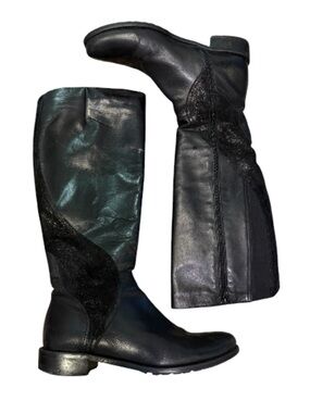 Italian Leather Knee High Boots Black Artisan Made Side Zip Size 9